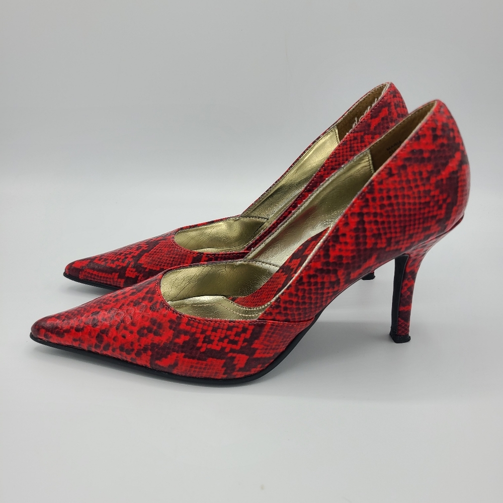 Rampage Maria Red Black Snakeskin Print Pointed Toe Heels Pumps 6.5 - Picture 3 of 13